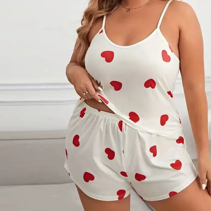 Plus Size Women Pajama Set Sleeveless O Neck Top & Elastic Waist Shorts Heart Print 2 Pieces Female