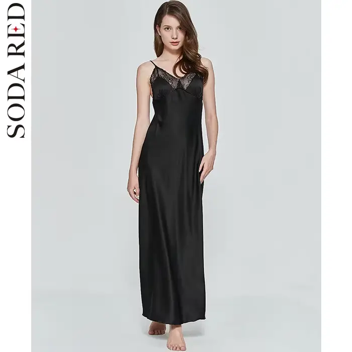 Robe de nuit longue sexy pour femme en soie artificielle satinée