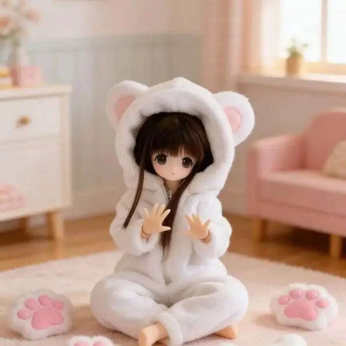 Pyjama en peluche en forme d'ours, combinaison mignonne à fermeture éclair, vêtements d'animaux à capuche, adaptés aux poupées BJD Ob24 1/6, accessoires de déguisement pour filles