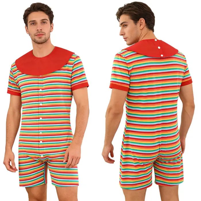 Pyjama rayé pour hommes, combinaison avec bavoirs amovibles, chemise de nuit, manches courtes, short