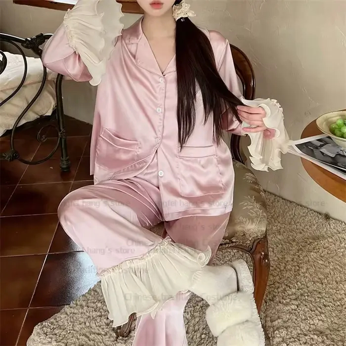 Nouveau rose Style princesse haut pantalon 2 pièces pyjama costume manches évasées vêtements de nuit femmes rayonne