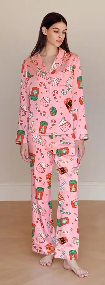 Ensemble de pyjama de Noël pour femme, chemise boutonnée imprimée café, manches longues, pantalon, v