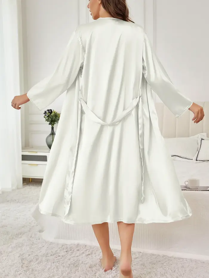 Robe de chambre en satin pour femme, ceinturée, élégante, couleur unie, confort soyeux, vêtement de détente