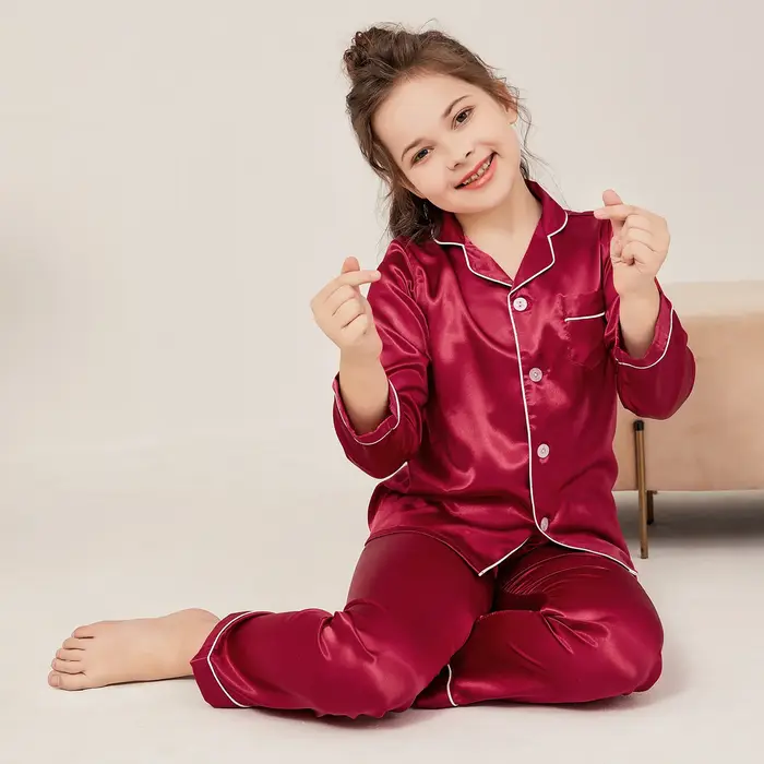 Ensemble pyjama 2 pièces pour garçon et fille, chemise et pantalon à manches longues et revers, vêtements de maison en Satin soyeux pour enfants, vêtements de nuit