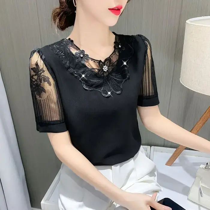 Chemise en mousseline de soie pour femmes, manches courtes, nouvelle chemise française à la mode, ha
