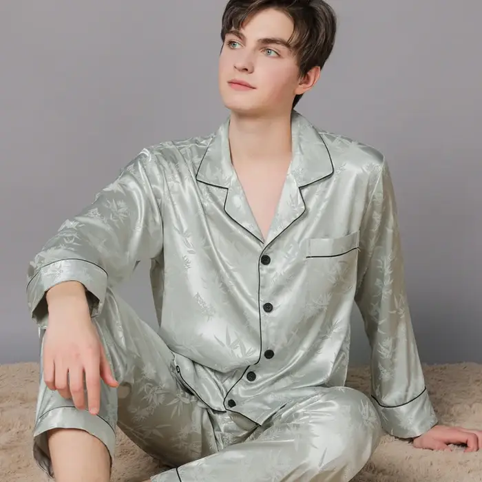 Grande taille 3XL 4XL hommes vêtements de nuit Pyjamas ensemble soyeux Satin Jacquard 2 pièces chemise et pantalon Pijamas costume printemps automne Homewear Pyjama
