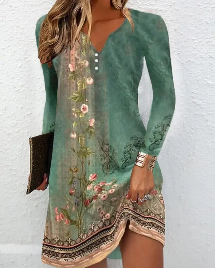 Robe tunique à imprimé floral à manches longues et col en V avec détail boutonné