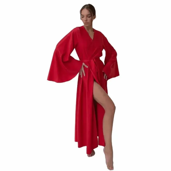 Robe de chambre en satin couleur unie style sexy, manches longues, taille haute, avec lacets, pyjama
