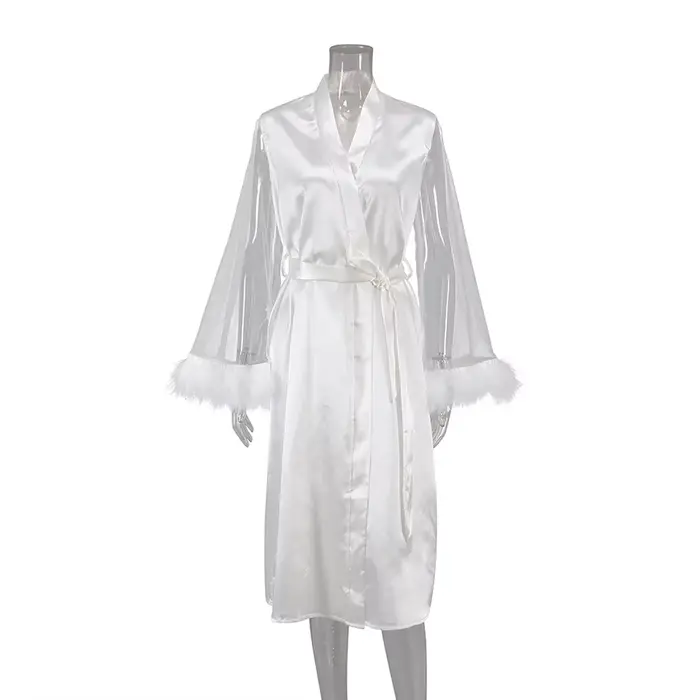 Pyjama à manches longues en Imitation de plumes de soie pour femmes, chemise de nuit en soie, vêteme