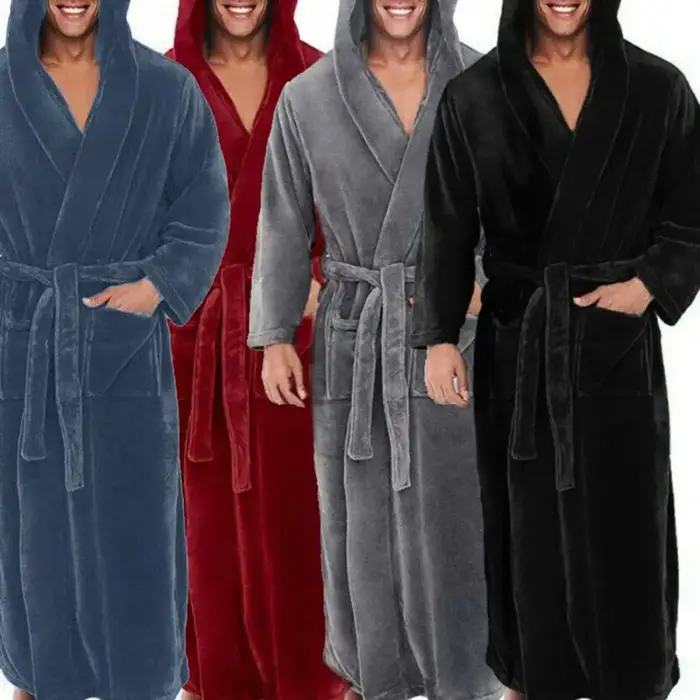 Lâche hommes flanelle Robe hiver longue Robe maison Robe vêtements de nuit couleur unie poches hiver chaud décontracté polaire Robe salon chemise de nuit