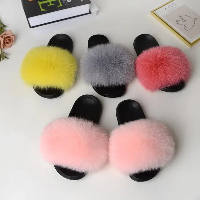 Pantoufles moelleuses pour femmes, chaussures d'été pour intérieur et extérieur, en vraie fourrure d