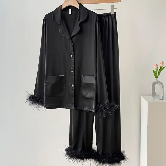 Printemps automne femme pyjamas pantalon ensemble de luxe plume rose mariée vêtements de nuit de mariage cadeau Sexy ample Satin vêtements de maison vêtements de détente