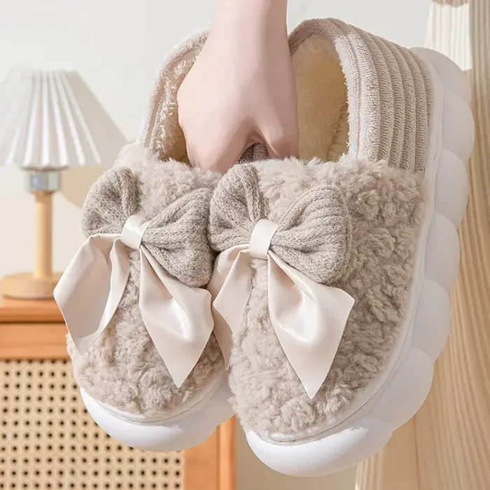 Pantoufles en fourrure pour femmes, nœud d'hiver, mode fourrure, chevilles chaudes, diapositives con