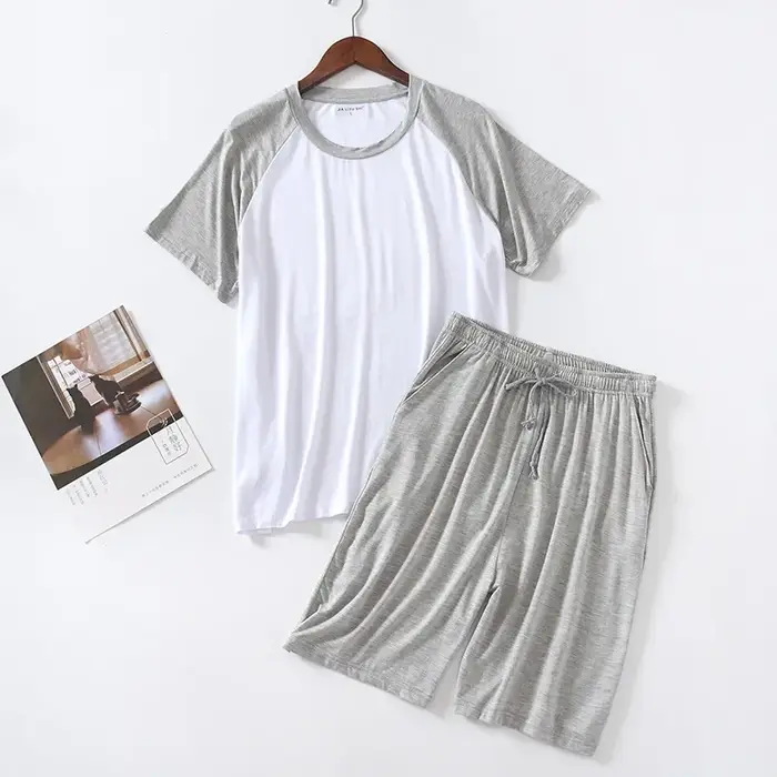 Ensemble pyjama d'été en Modal pour hommes, col rond, manches courtes, hauts et pantalons courts, vê