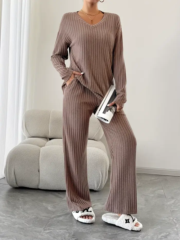 Ensemble pyjama 2 pièces pour femmes, col en v, hauts en tricot côtelé et pantalons longs, vêtements