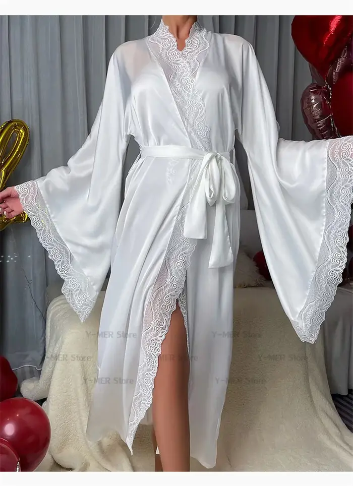 Peignoir Extra Long à grandes manches, couleur unie, vêtements de nuit pour dames, robe de chambre é
