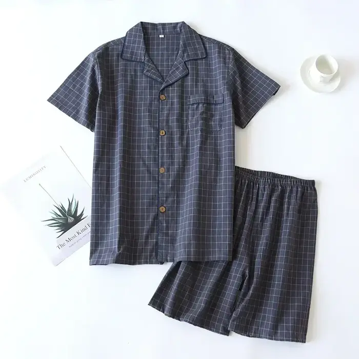 Ensemble pyjama d'été pour hommes, Short fin à manches courtes, en coton doux, à carreaux japonais,