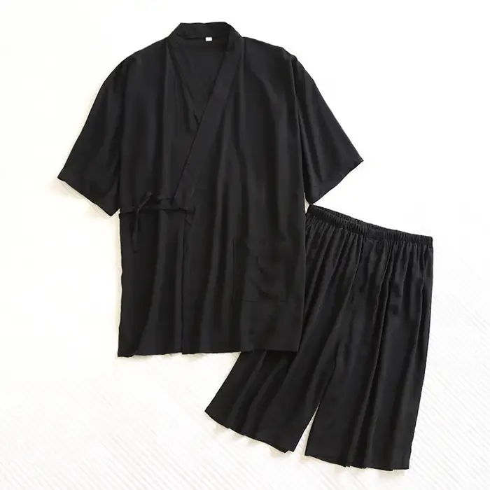 Pyjama Kimono en coton artificiel pour hommes, couleur unie, Short d'été à manches courtes, ensemble