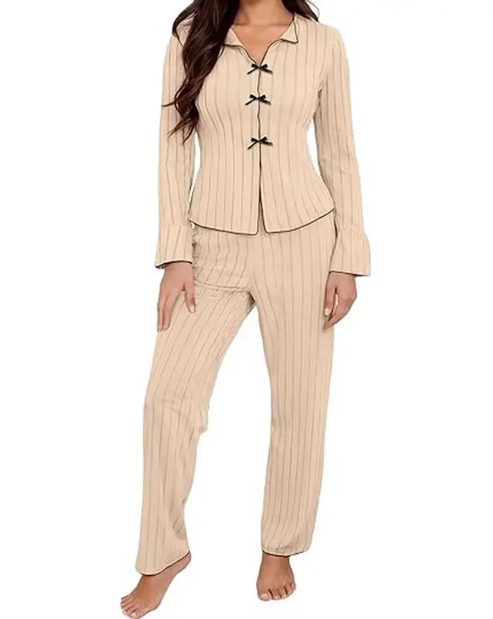 Ensemble de pyjama en tricot côtelé à manches longues pour femmes