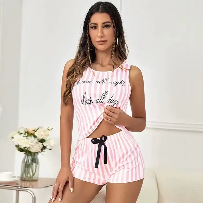 Pyjamas pour femmes été rayure pyjama imprimé Faux coton col rond