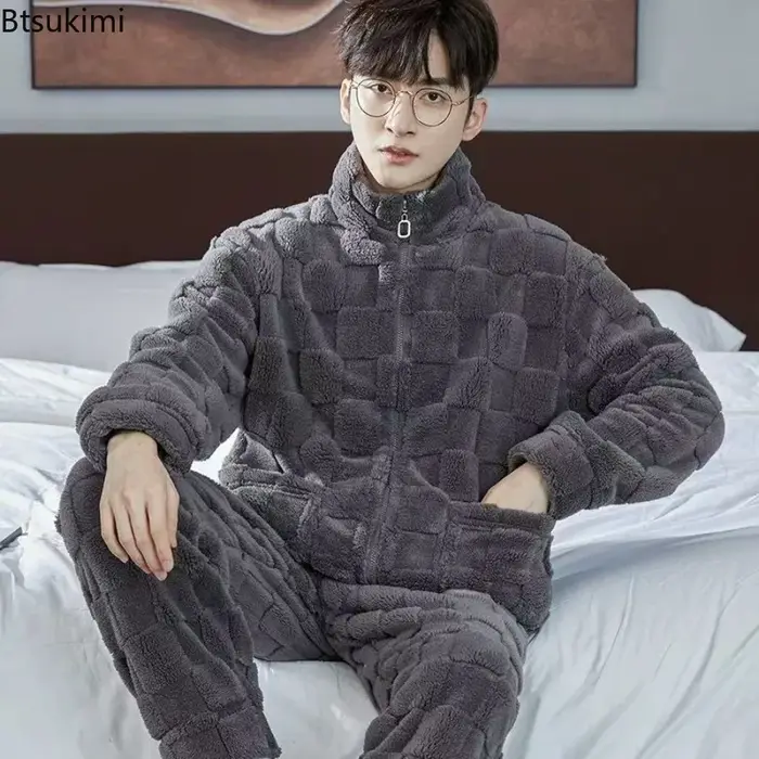 2025 Pyjamas à carreaux pour hommes corail vêtement de nuit en polaire dormir tenue