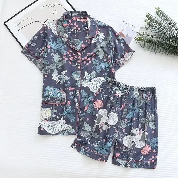 Pyjama à manches courtes pour femmes, ensemble deux pièces, ample, imprimé, grande taille