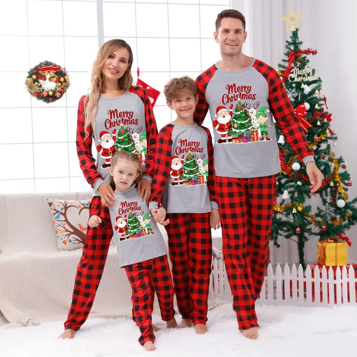 Ensemble pyjama assorti pour famille, imprimé joyeux noël, manches longues, col rond, costume 2 pièc