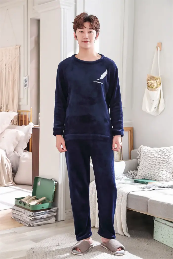 2 pièces/ensemble épaissi chaud automne et hiver flanelle hommes pyjamas à manches longues adolescents vêtements de