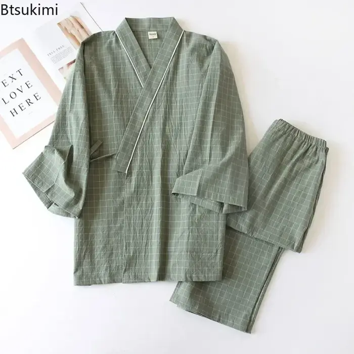 Ensemble pyjama Kimono japonais pour hommes, confortable, 100% coton, à carreaux, ample, pour la maison, peignoirs, pantalons longs, deux pièces, 2026