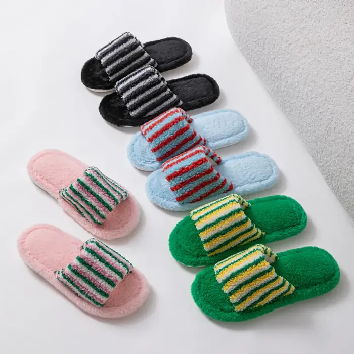 Chaussons à bout ouvert en polaire Teddy rayés colorés pour femmes, avec sangle moelleuse, semelle i