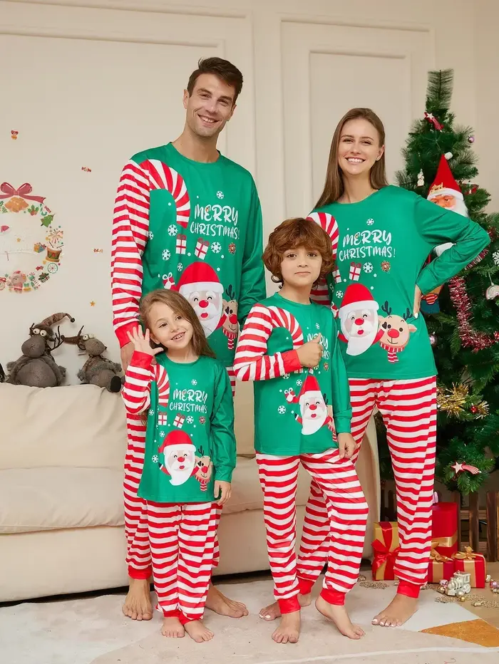 Joyeux Noël imprimé famille correspondant pyjamas ensemble dessin animé rayé vêtements de nuit adultes enfants vêtements ensembles mignon doux pyjama Look de Noël