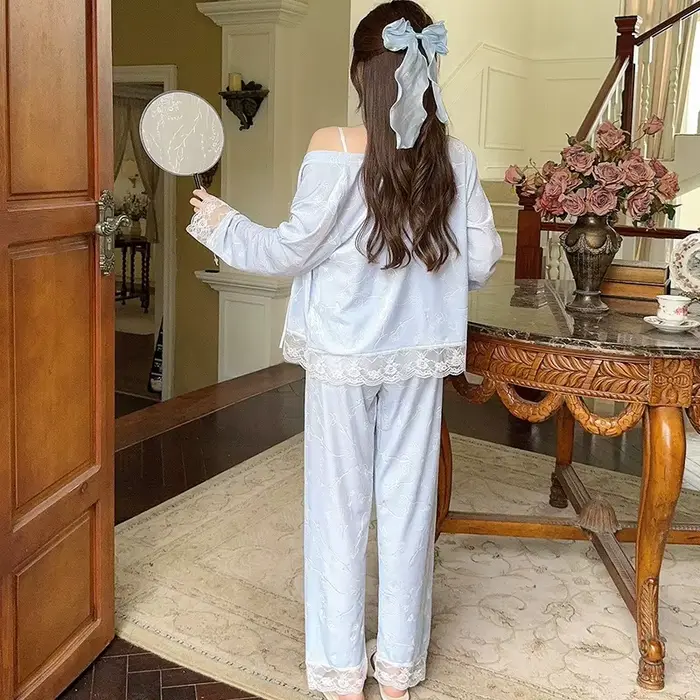 Automne hiver mignon flanelle pyjama ensemble nouveau Beige maison élégant vêtements de nuit sexy Pijamas costume ample