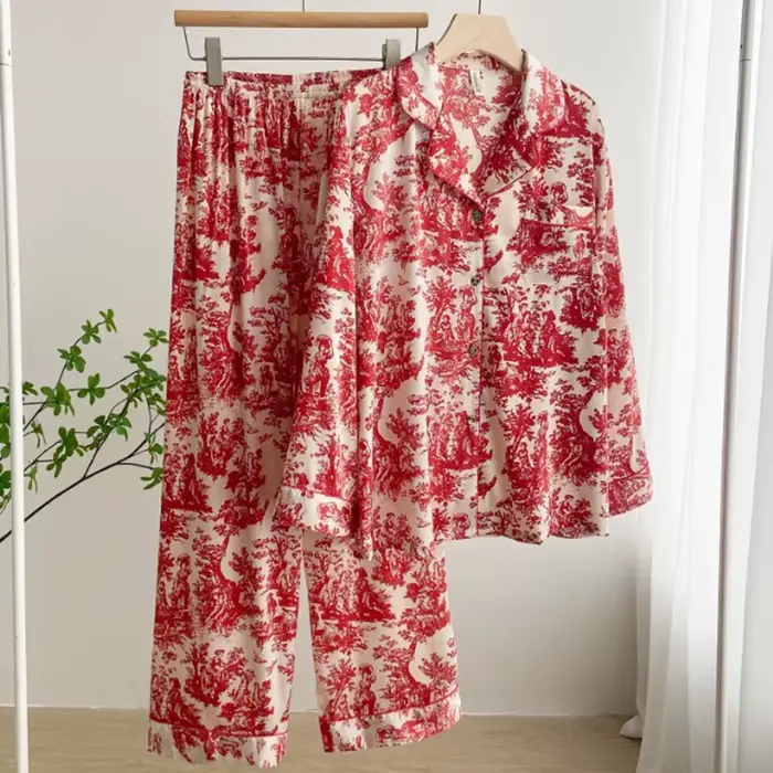 Nouvel ensemble pyjama 2 pièces printemps-automne, broderie rayée rose, vêtements de nuit, tenue déc