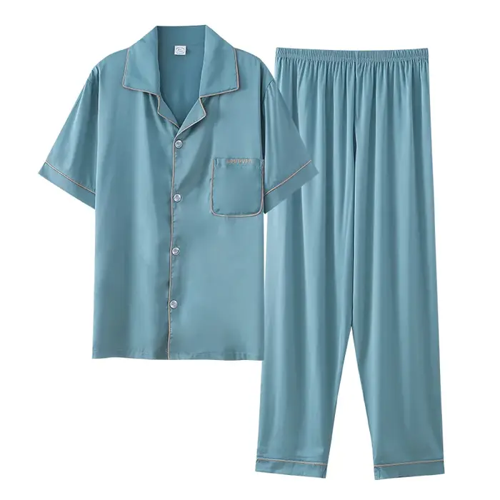 Ensemble pyjama d'été à manches courtes pour hommes, vêtements de nuit en soie, ample, décontracté, doux, col rabattu, Cardigan, vêtements de maison pour hommes