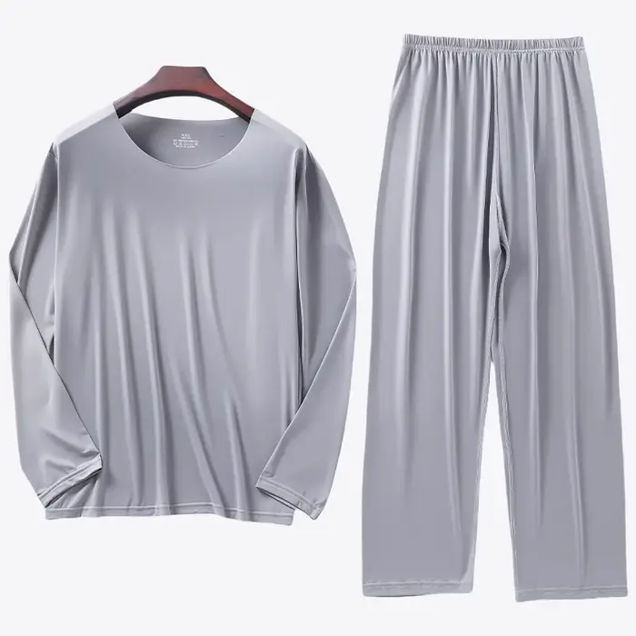 KIDWHXR Ensemble pyjama 2 pièces en soie glacée pour homme – Haut à manches longues simple et pantalon à taille élastique – Tenue de détente douce et respirante pour homme