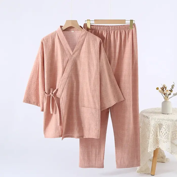 Pyjama Kimono pour Couple, fil de coton pur, manches trois quarts, pantalon, vêtements de détente, c