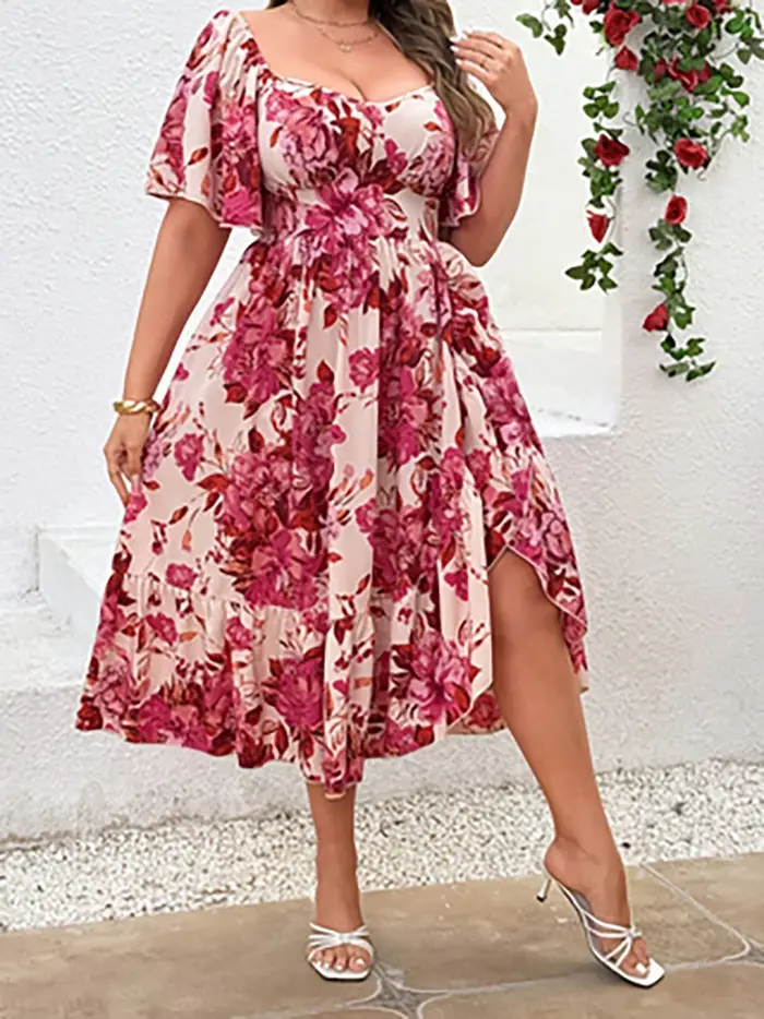 Robe grande taille à encolure en cœur, imprimé Floral, manches à volants, mi-longue féminine élégant