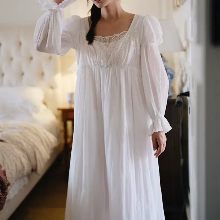 Princesse dentelle blanche longue mi-mollet chemises de nuit printemps manches longues français col carré chemise
