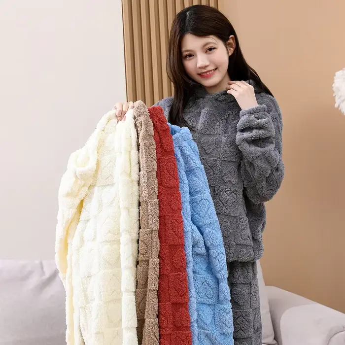 Ensemble de pyjama en polaire pour femme, vêtements de détente en polaire corail texturé à capuche, vêtements de nuit chauds en 2 pièces pour dames