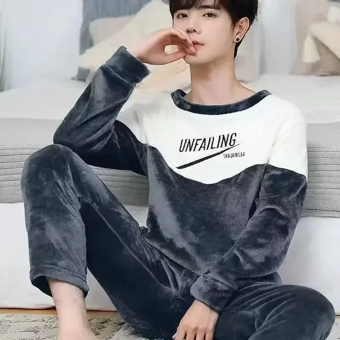 Hommes hiver chaud flanelle pyjama ensembles à manches longues épais Homewear