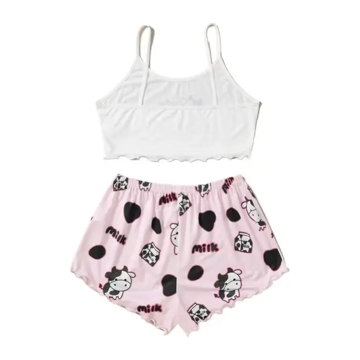 Mignon vache imprimé haut sans manches et short vêtements de nuit pour femmes 2 pièces pyjamas ensemble décontracté
