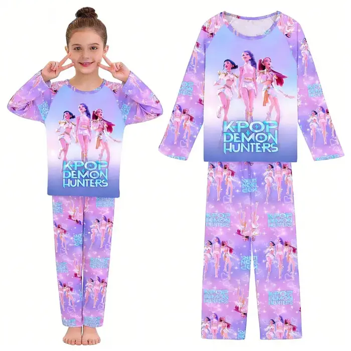 Pyjama de dessin animé imprimé KPOP, ensemble haut + pantalon, ensemble 2 pièces, chemises de nuit p