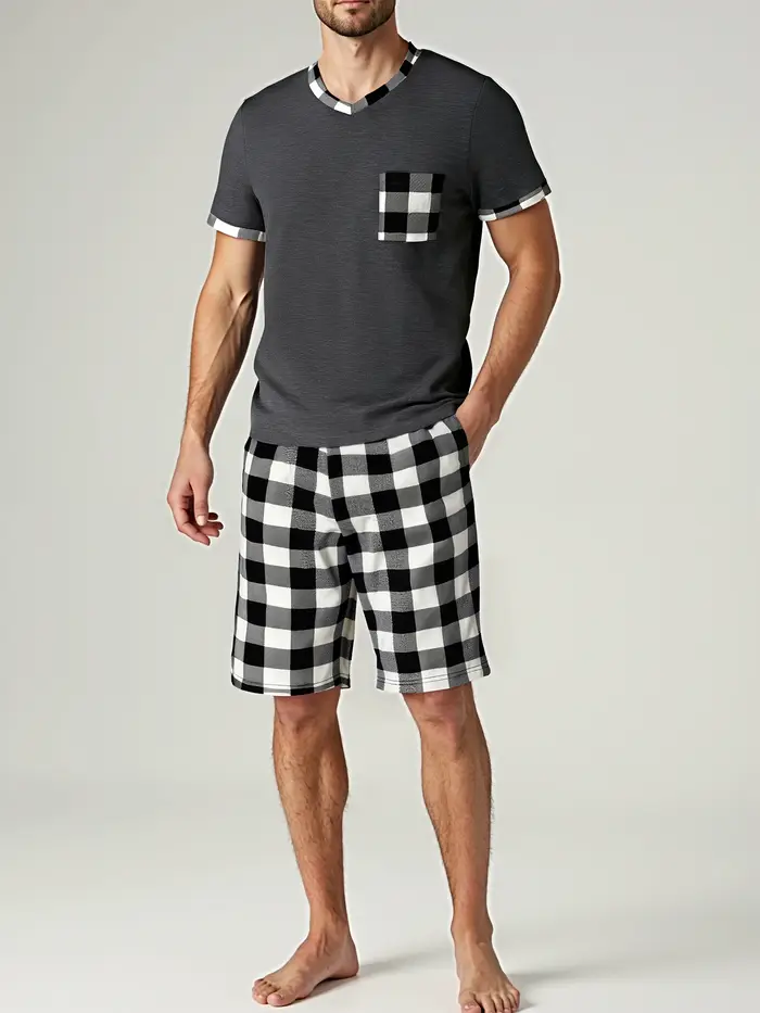 Ensembles de pyjama pour hommes pyjamas à carreaux à manches courtes pour hommes ensemble de pyjama 