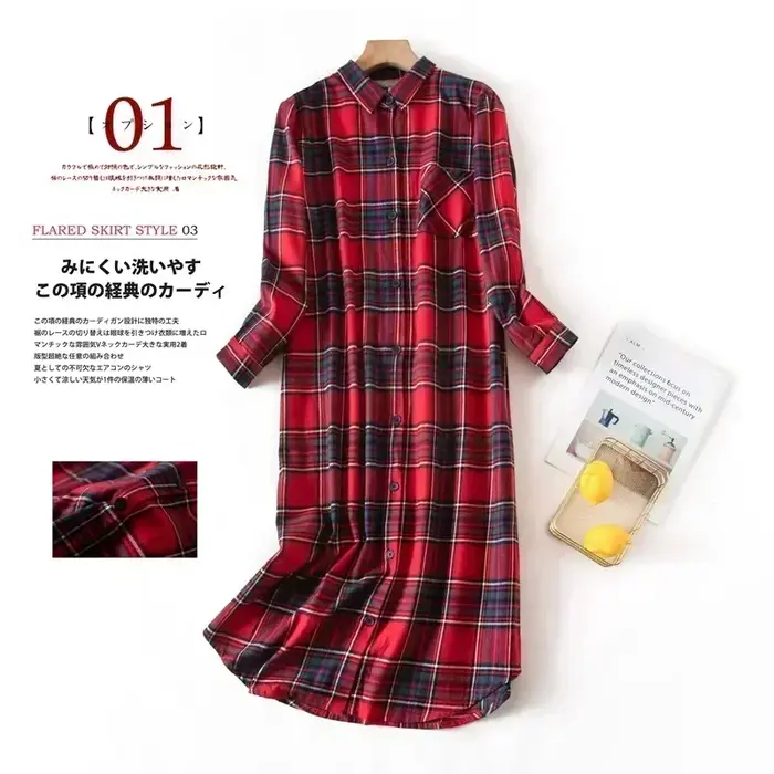 Chemise de nuit à manches longues pour femme, tenue de nuit à carreaux, multicolore, grande taille, 