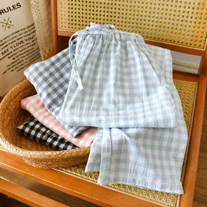 2026 nouveaux vêtements de nuit pour femmes 100% coton gaze dentelle pantalons à carreaux japonais minimaliste maison