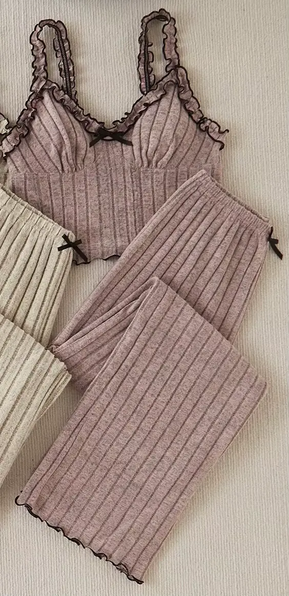 Pyjama femme nouvelle offre spéciale pyjama femme nœud bouclé rayé bretelles pantalon ensemble de vê