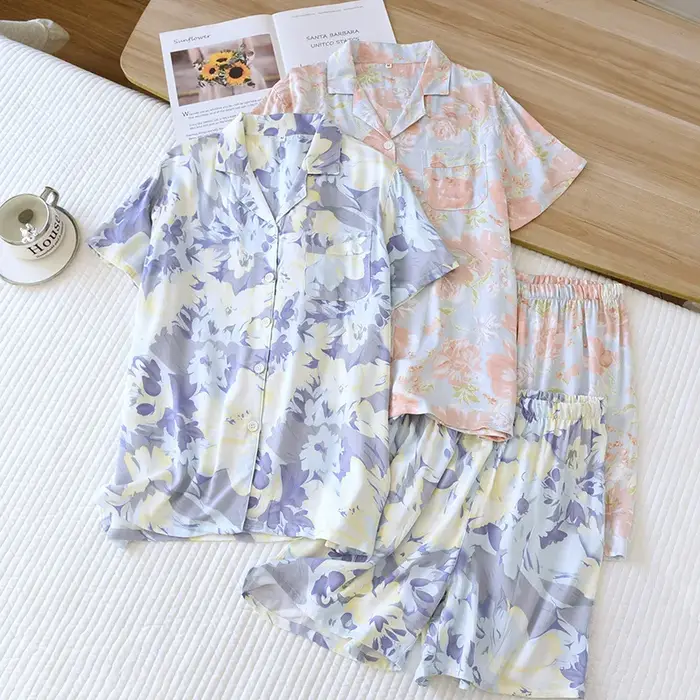 Pyjama d'été en viscose pour femmes, short à imprimé rose, vêtements de détente, manches courtes, deux pièces, vêtements de nuit sexy, vêtements pour la maison