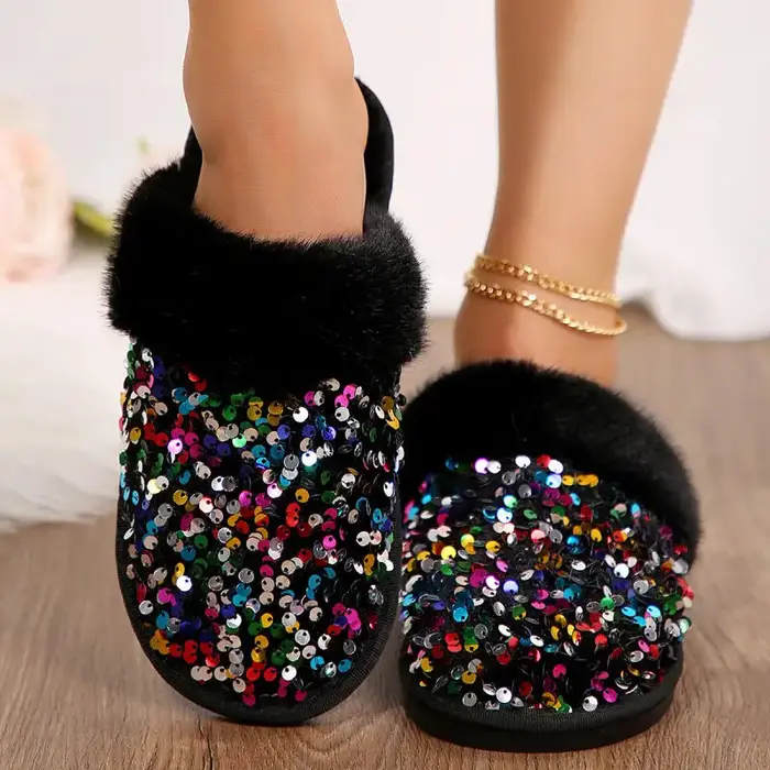 Pantoufles d'intérieur en fourrure de tissu à paillettes de luxe pour femmes