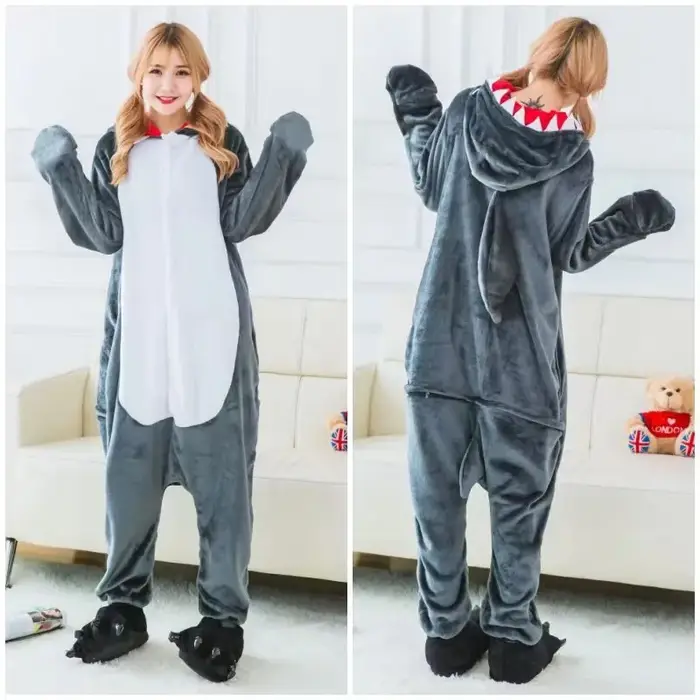 Pyjama requin dessin animé mignon pour adulte, grenouillère familiale, gris, bleu, rose, Halloween,