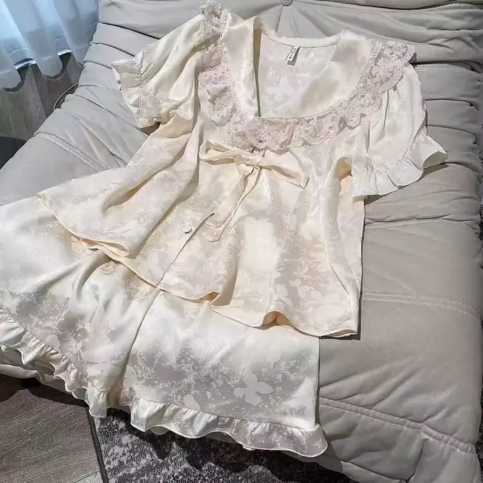 Doux jeune fille 2 pièces Pyjamas ensemble vêtements de nuit mignon col de poupée à manches courtes